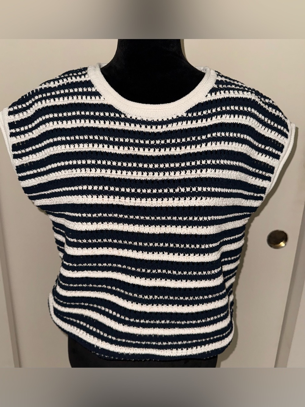 Joie Blue White Nautical Preppy Crew Neck Striped Short Sleeve Sweater - L